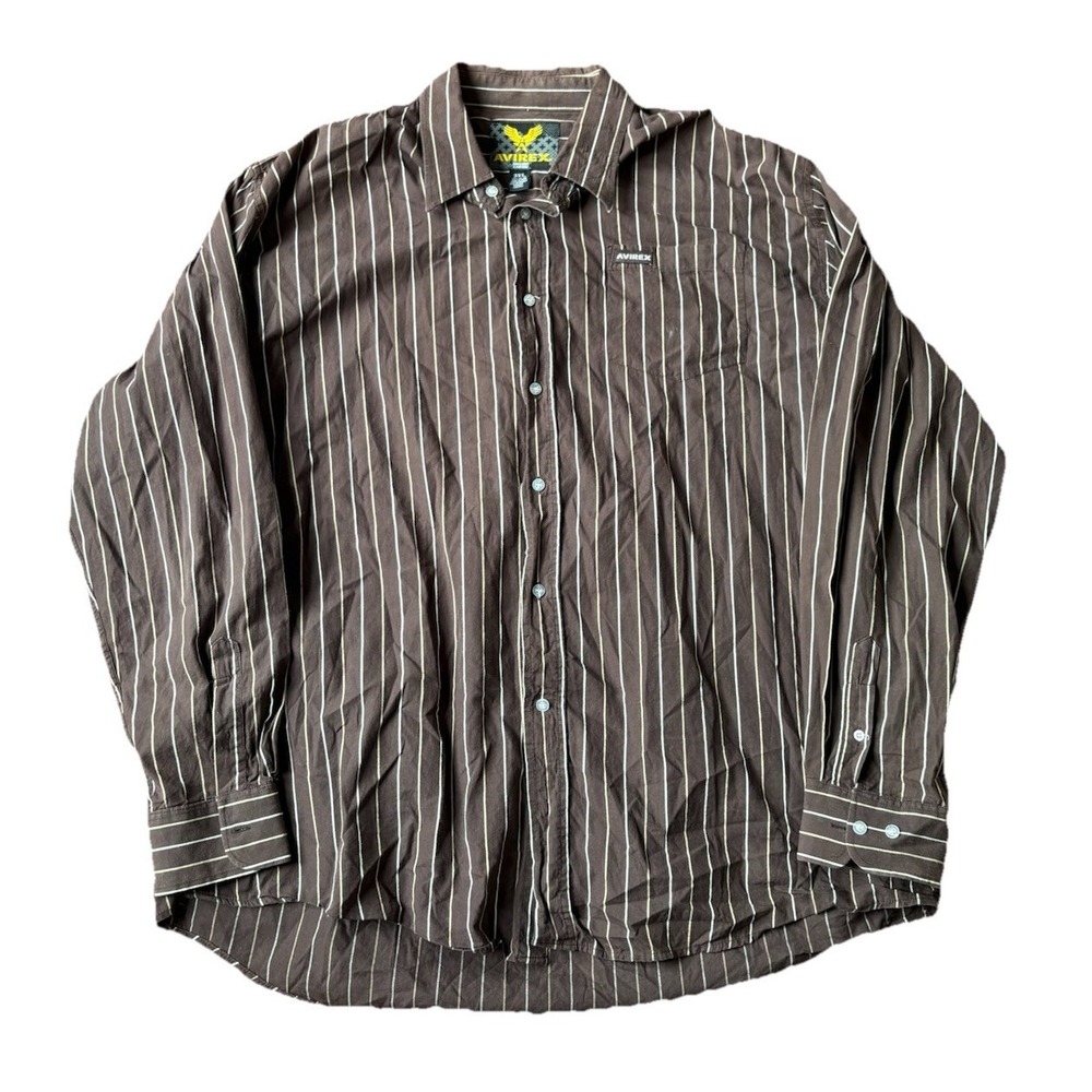 Vintage Avirex Shirt Mens 3XL Brown Striped Pattern Long Sleeve Button Down